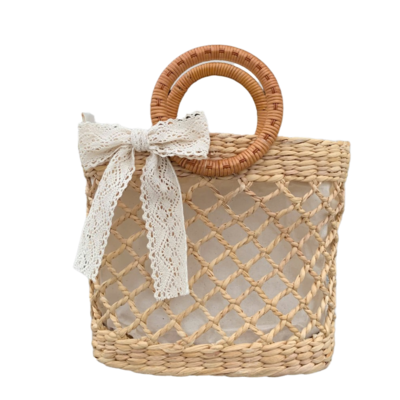 Fashionable Water Hyacinth Hand Bag with Rattan Handles