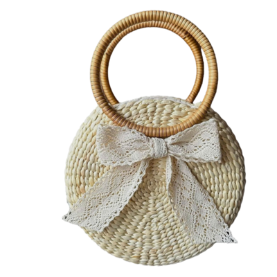 Round Water Hyacinth Hand Bag with Rattan Handles